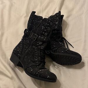 Gianni Bini Black Glitter Combat Boots
